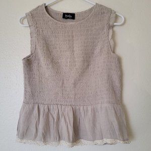 by & by taupe gray crepe lace accent peplum tank